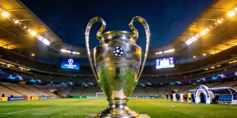 欧洲冠军联赛标志性奖杯与球场夜景